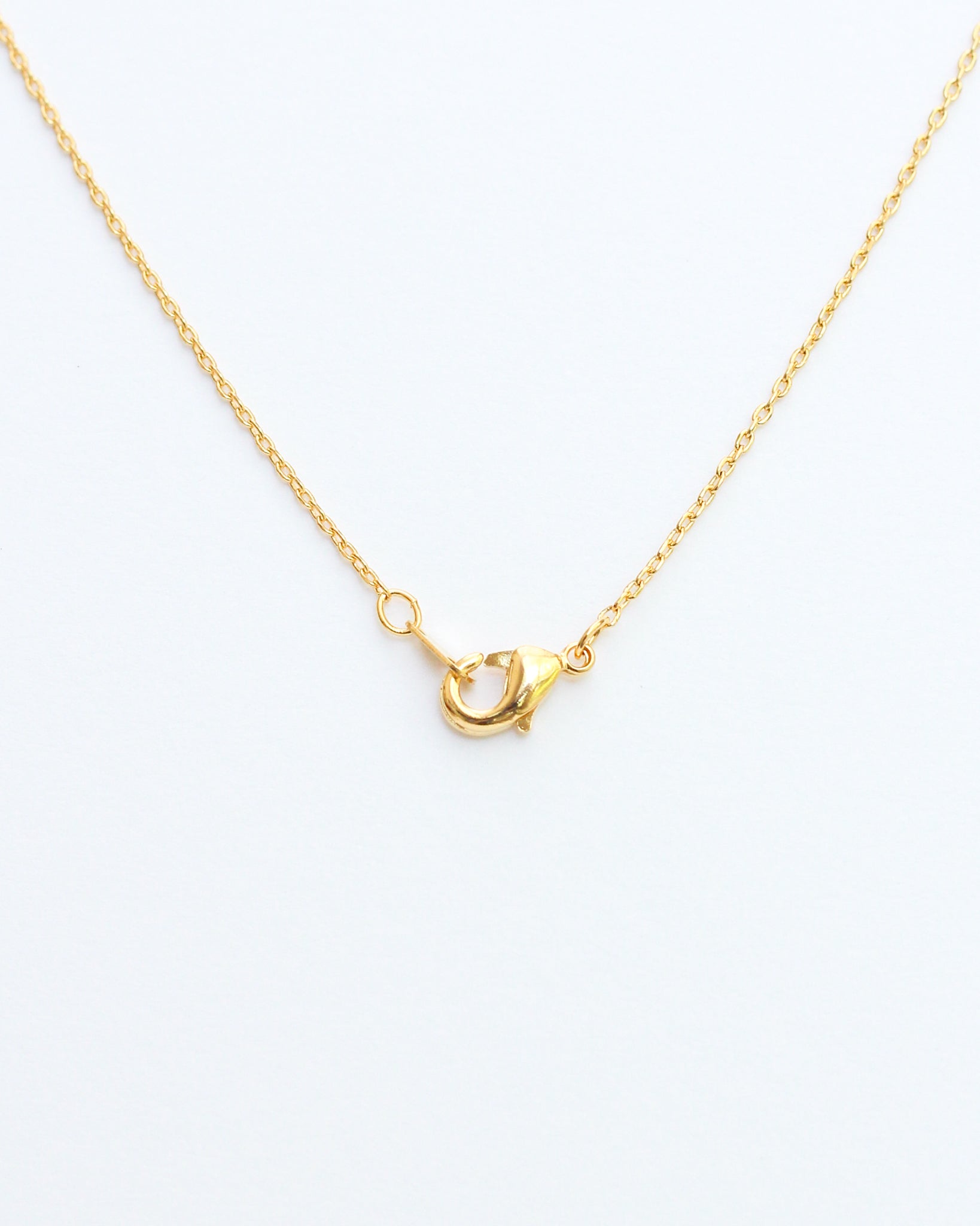 Gold initial necklace.  Lobster clasp view.