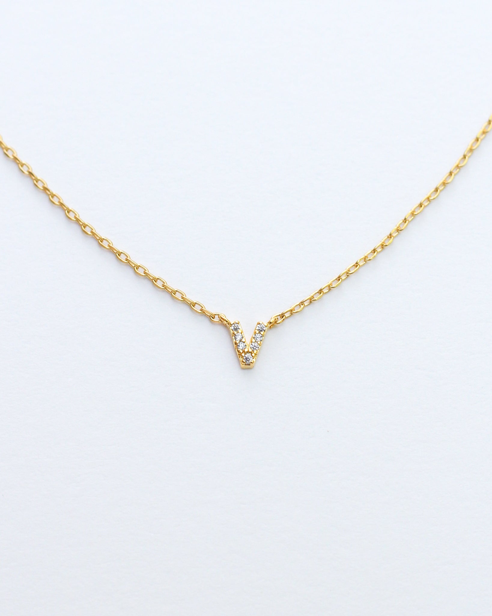 Mini Pave Initial Necklace - Letter V.