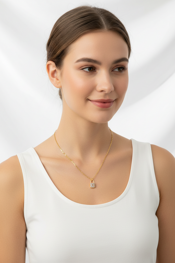 Fine Chain and Lock Necklace - Gold