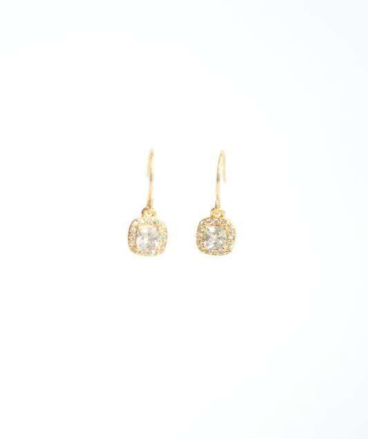 Small Cushion Halo French Wire Earrings. 18K gold plated. From Kadou Boutique.