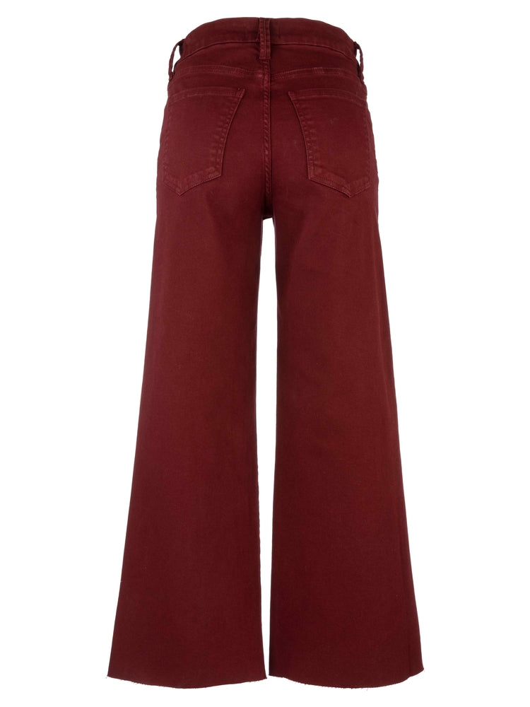 Maroon wide-leg jeans on a white background, a back view