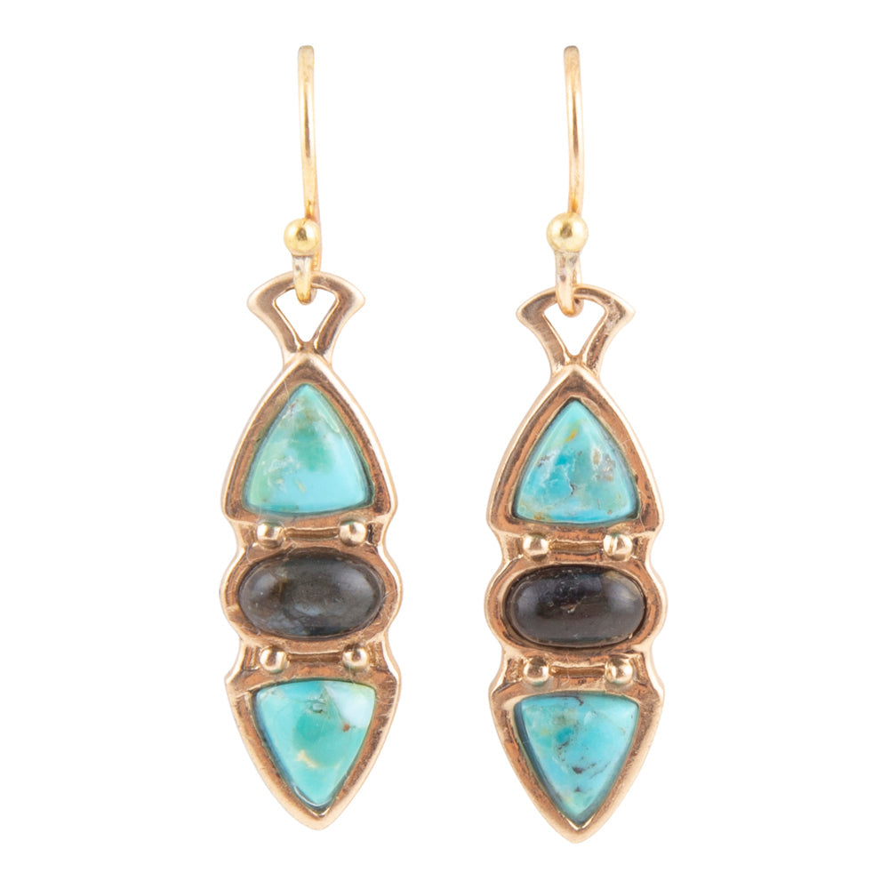 Blue Turquoise and Grey Labradorite Golden Drop Earrings from KADOU Boutique