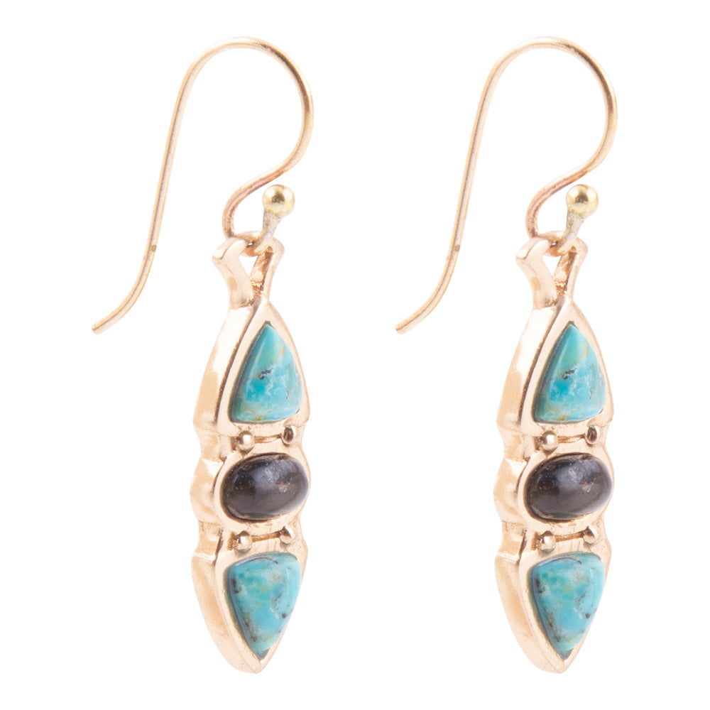 Blue Turquoise and Grey Labradorite Golden Drop Earrings from KADOU Boutique