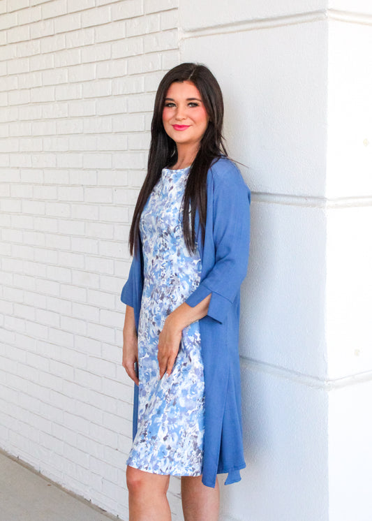 The model is showing the 3/4 Sleeve Long Cardigan in Blue color with the Maggie Sleeveless Dress.
