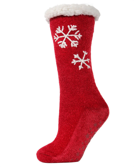 Women's Sweet Snowflake Plush Lined Slipper Sock - Red