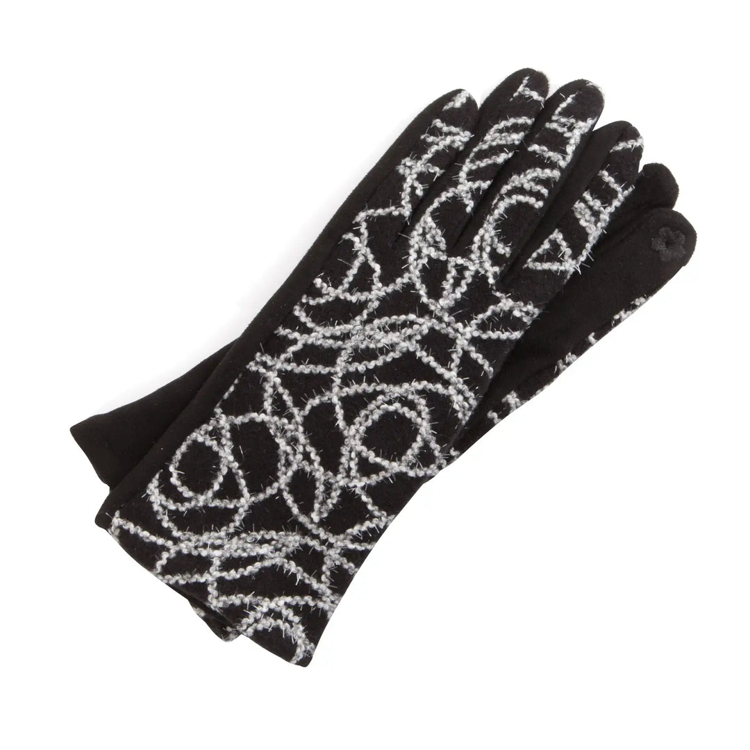 Black gloves with white geometric pattern on a white background