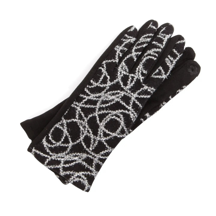 Black gloves with white geometric pattern on a white background