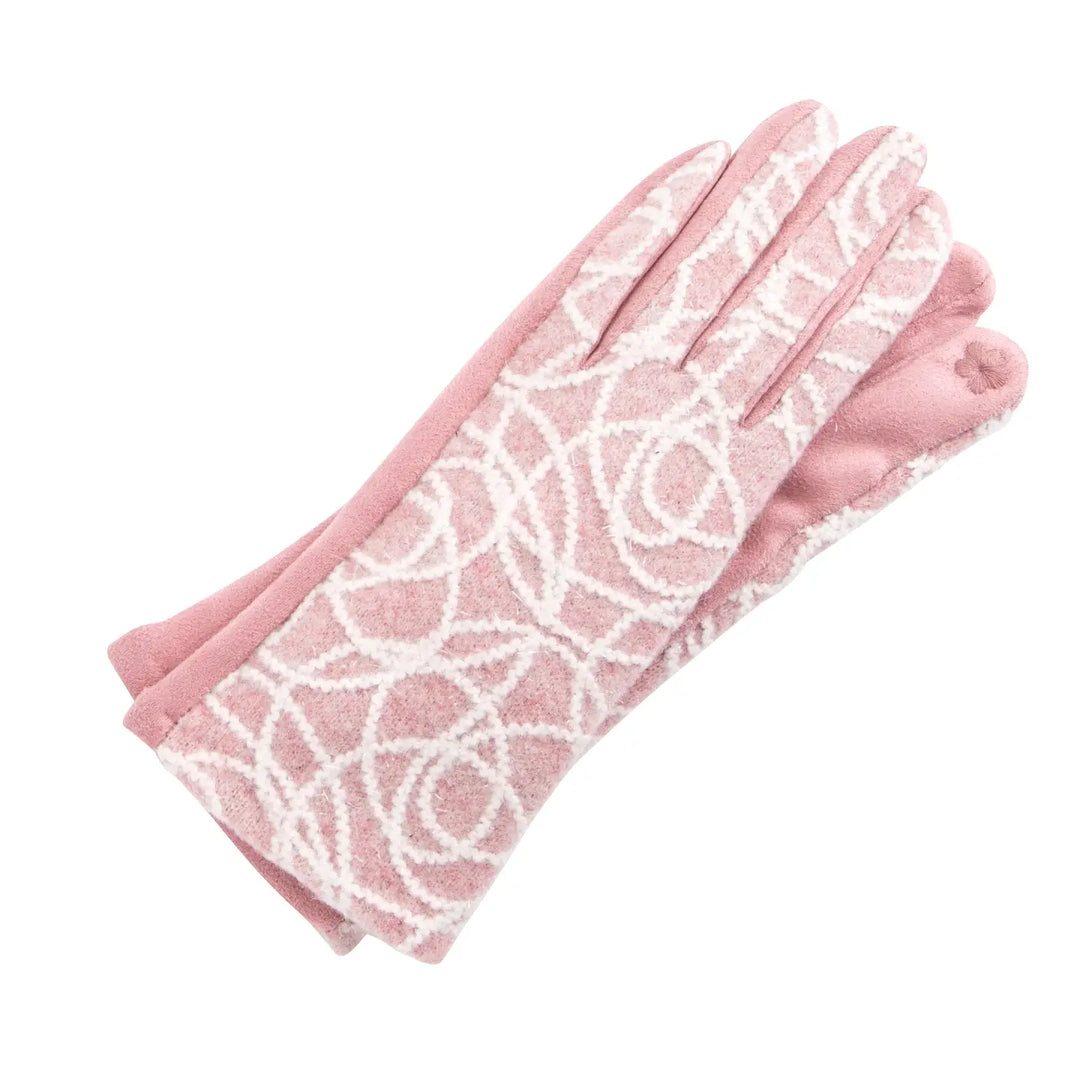 Pink gloves with white geometric pattern on a white background