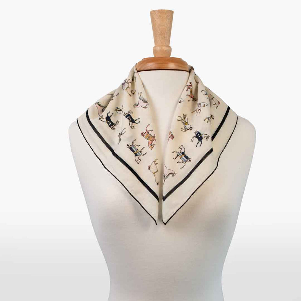 Hunt Club - Stylized Equestrian Pattern in Ivory Fine Cotton Scarf from KADOU Boutique