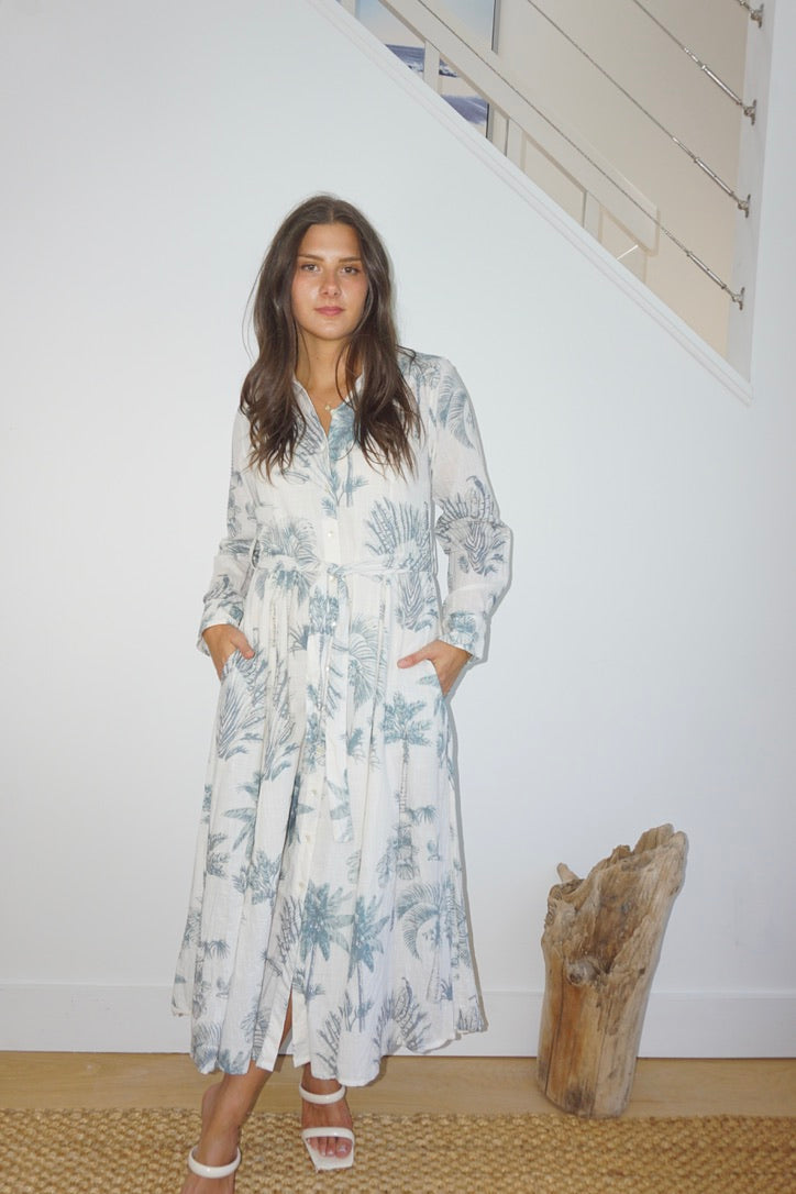 Sierra Dress in Faded Teal Palms from KADOU Boutique