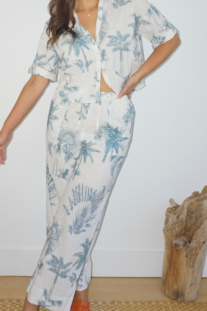 Brenna Pant in Faded Teal Palms from KADOU Boutique