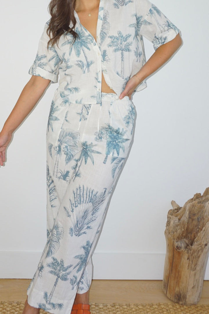 Brenna Pant in Faded Teal Palms from KADOU Boutique