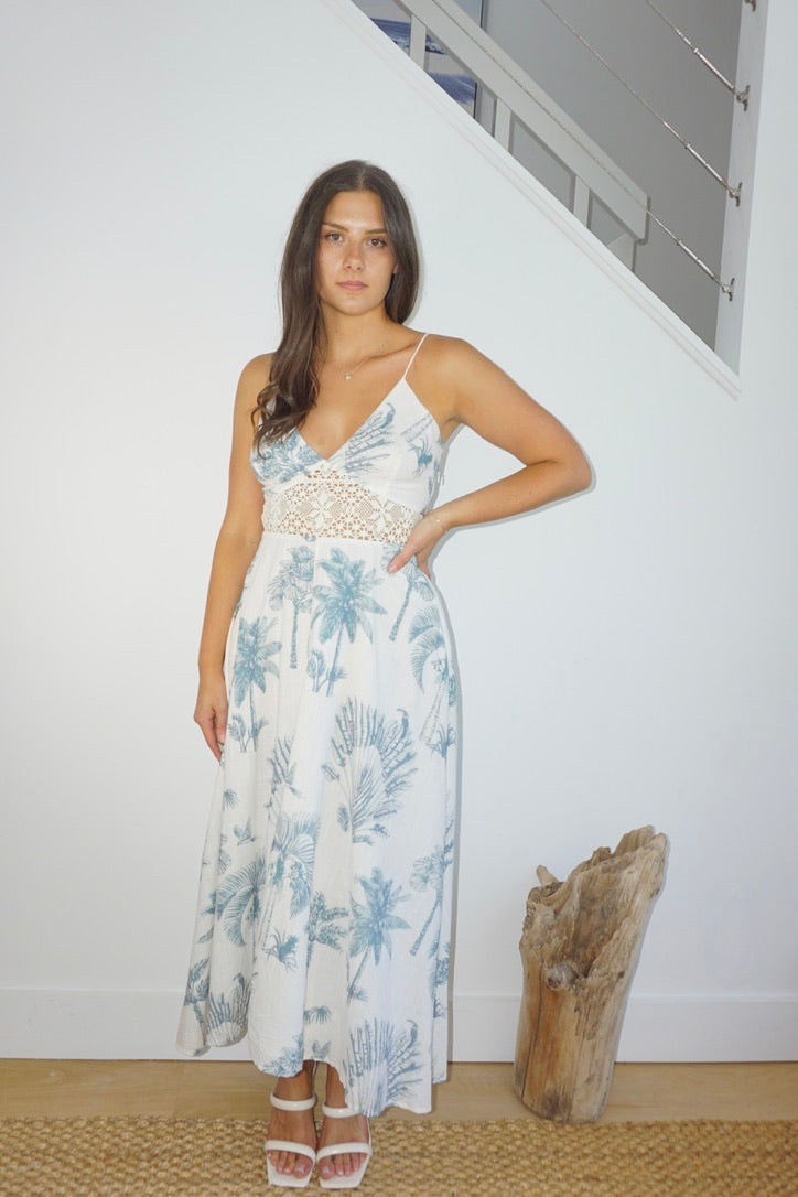 Isabella Dress in Faded Teal Palms from KADOU Boutique