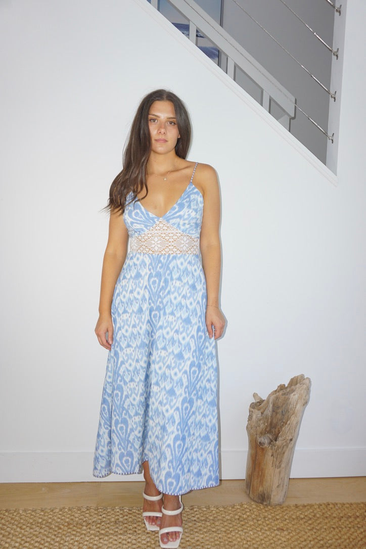 Isabella Dress in Faded Blue Ikat from KADOU Boutique