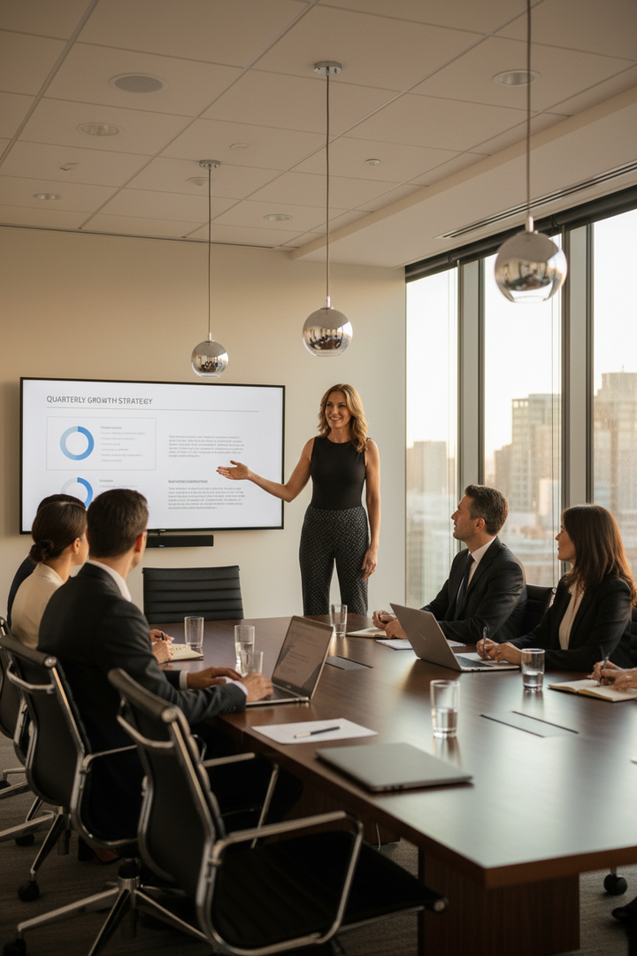A woman in a black sleeveless top and patterned pants stands at the head of a conference room table, gesturing toward a large presentation screen while several colleagues sit around the table with laptops and glasses. Large windows and hanging pendant lights are visible in the modern office setting.