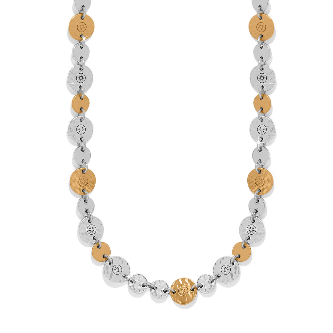 Necklace with alternating silver and gold beads on a white background