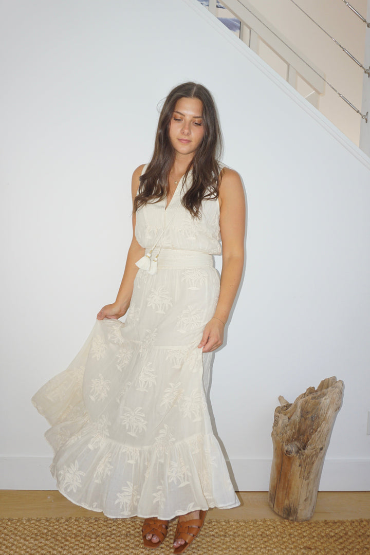 Paloma Dress in Cream Palm Embroidery