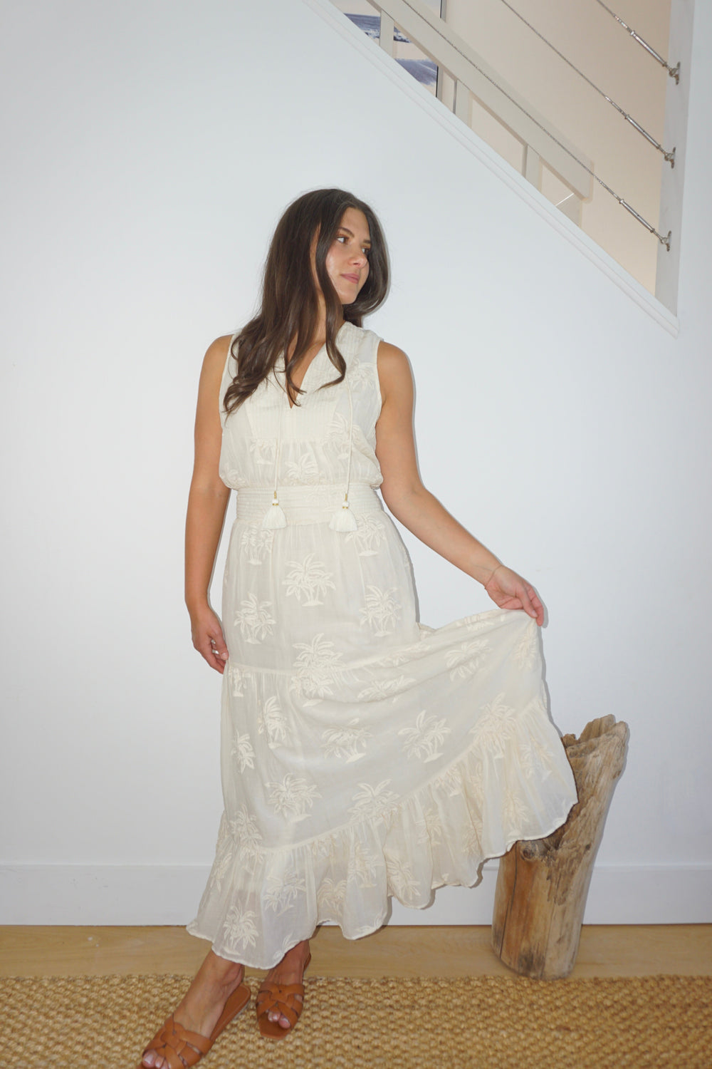 Paloma Dress in Cream Palm Embroidery from KADOU Boutique