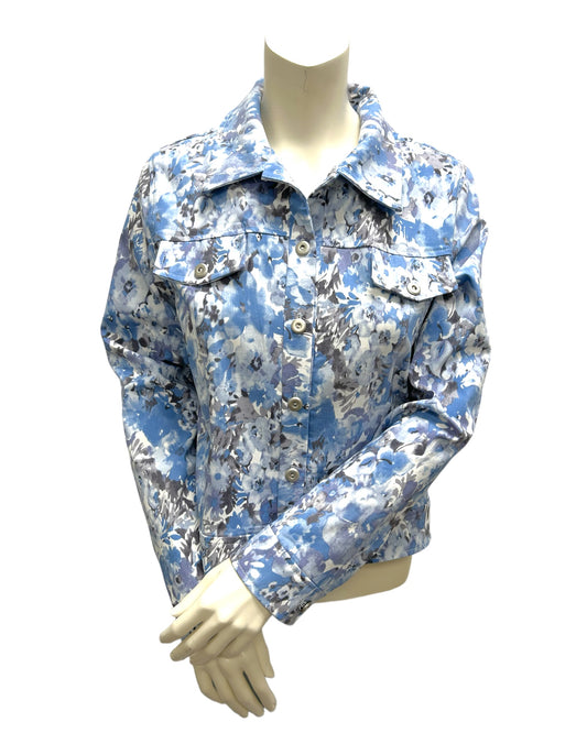 A front view of the Floral Jeans Jacket. Available at Kadou Boutique.