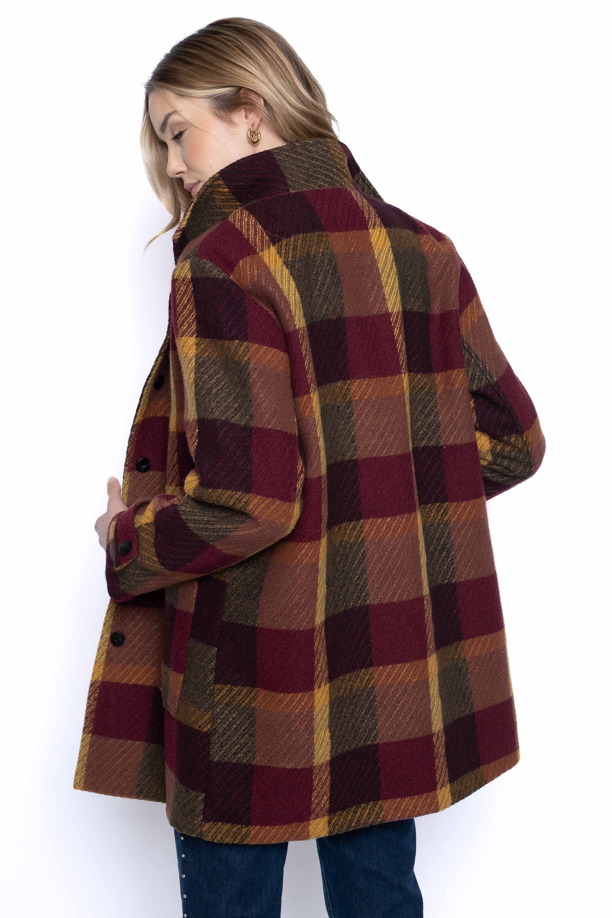 Stand Collar Plaid Jacket. Back view.