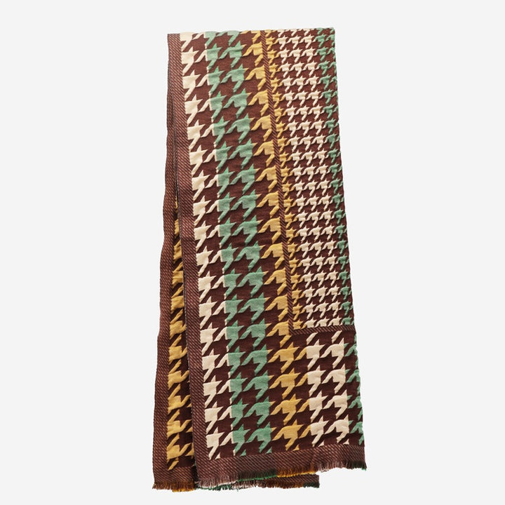 Patterned scarf with brown, green, and beige colors on a white background