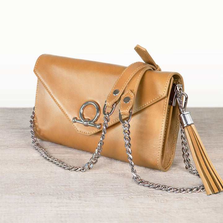 Del Mar - Horse Bit Crossbody Luxury Leather Handbag in Caramel