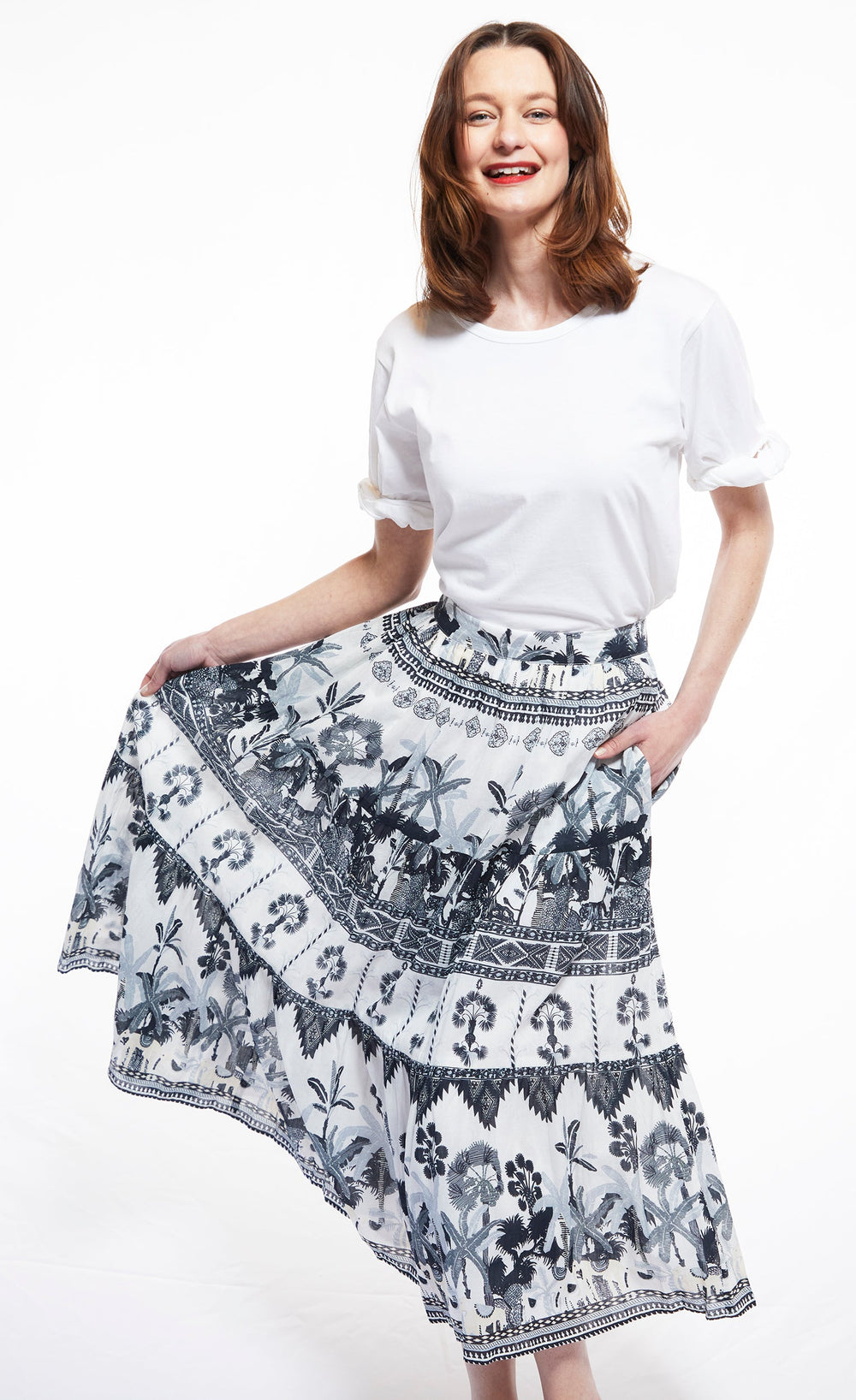 Woodstock Skirt with Grey Ikat Print from KADOU Boutique