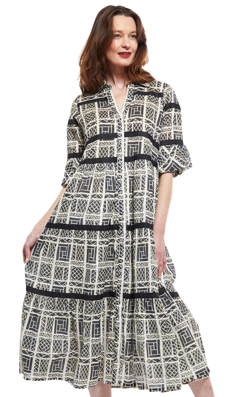 Miami Style Midi W Flounce and Blk Ribbons, Blk Wht Wicker from KADOU Boutique