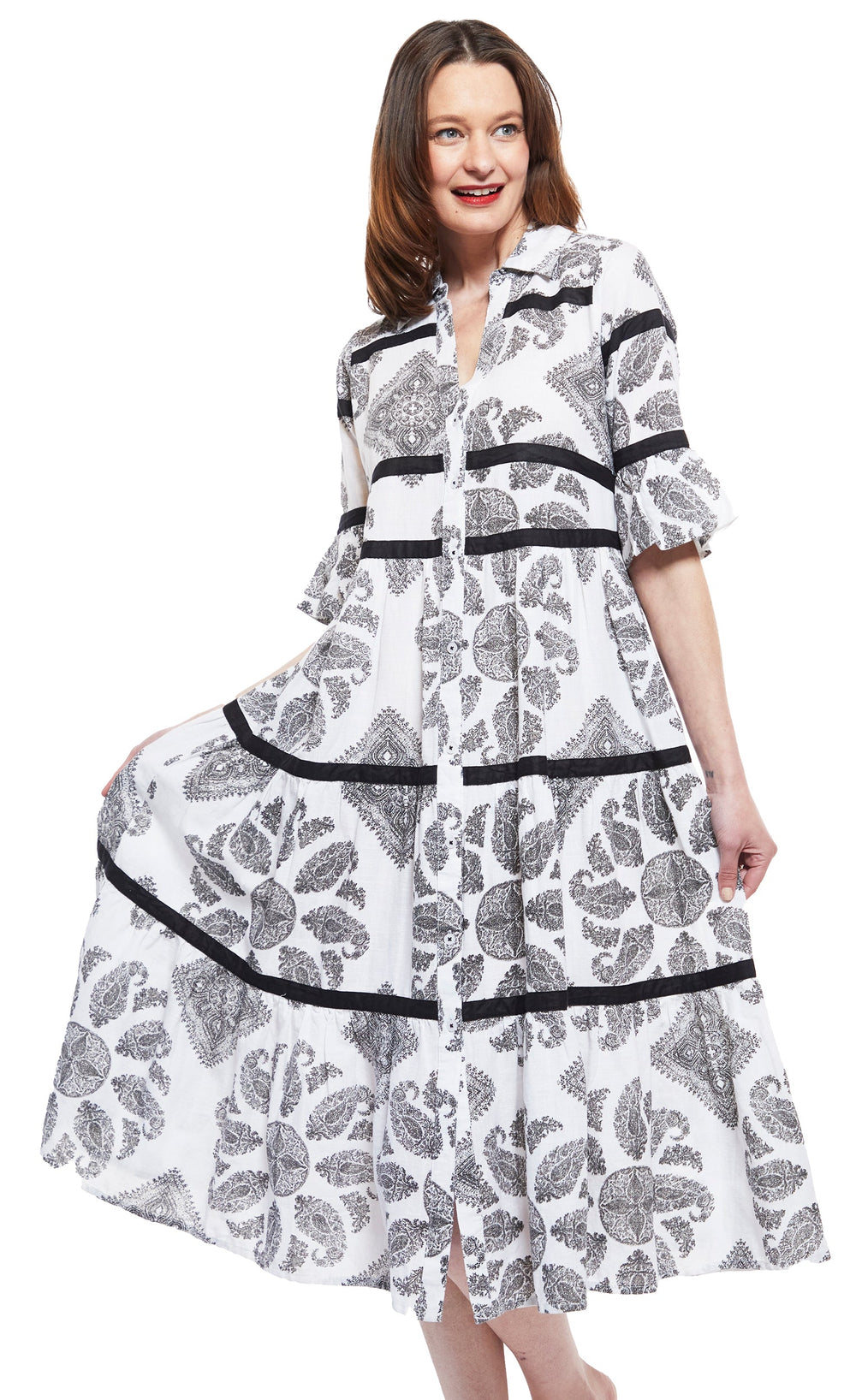 Miami Style Midi with Flounce and Black Ribbons Black White Paisley from KADOU Boutique
