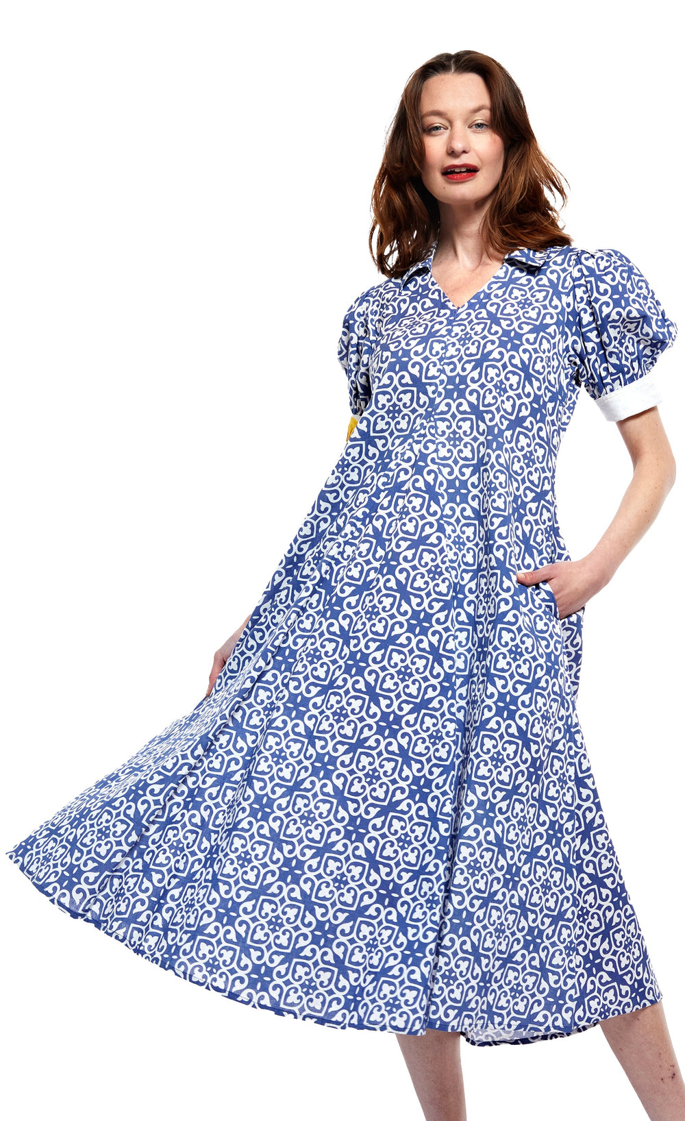Montauk Dress in Blue with White Geometric Pattern from KADOU Boutique