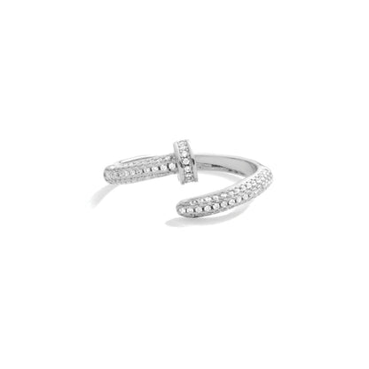 The adjustable Pave Nail Ring in Rhodium plated brass with cubic zirconia pave. From Kadou Boutique.