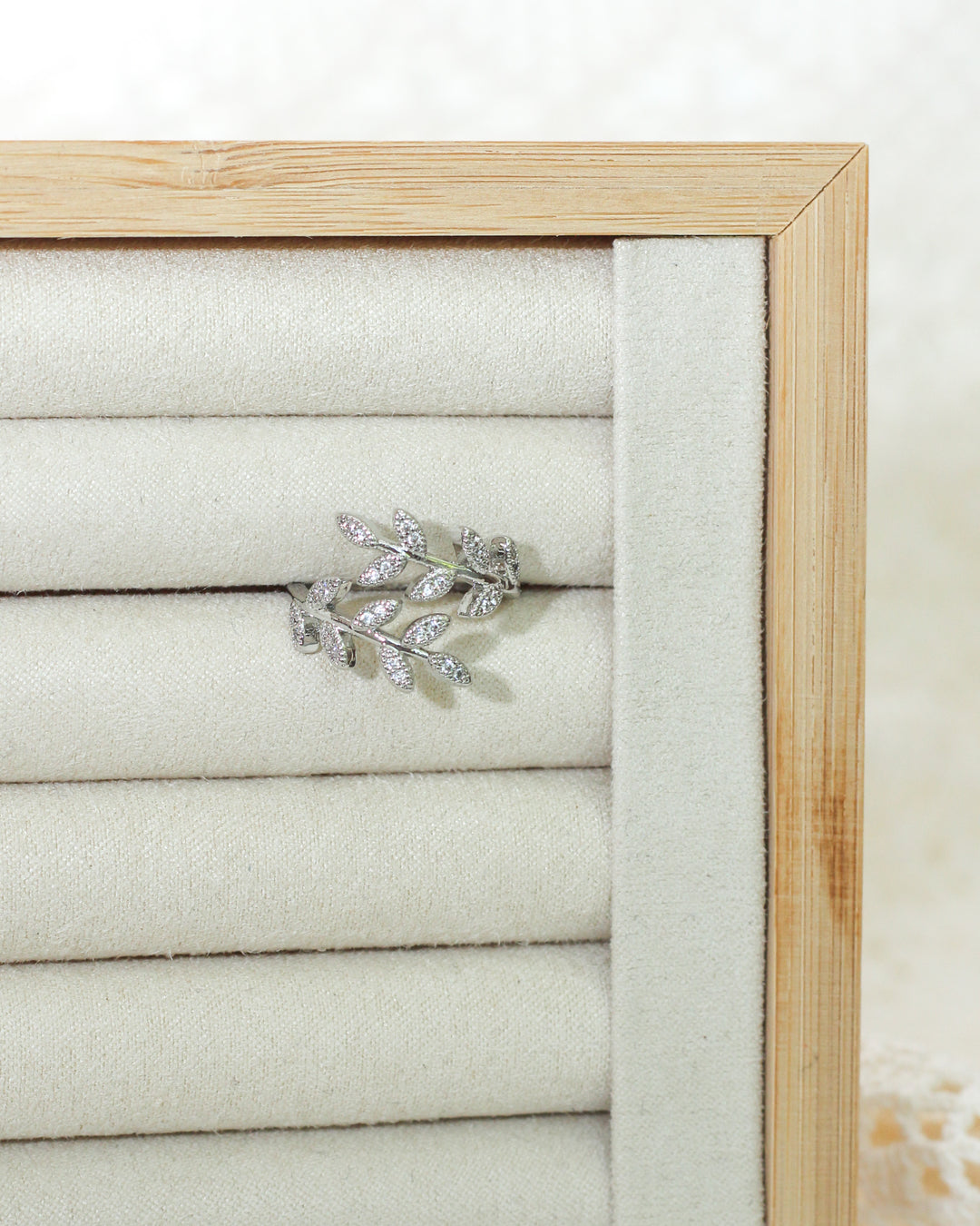 Pave Leaf Ring in silver color. Available at Kadou Boutique.