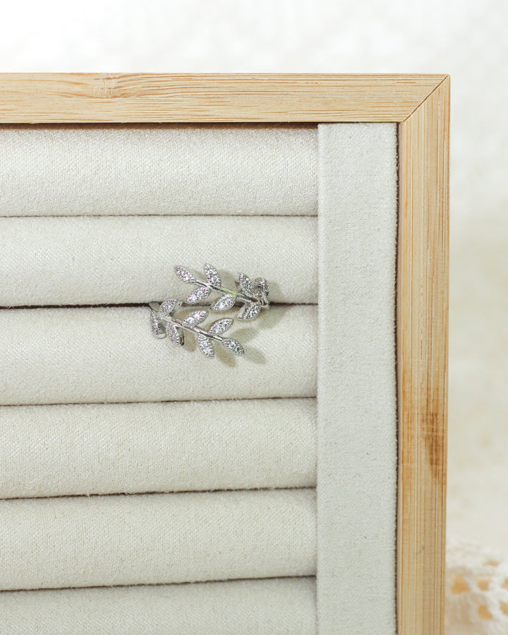 Pave Leaf Ring in silver color. Available at Kadou Boutique.