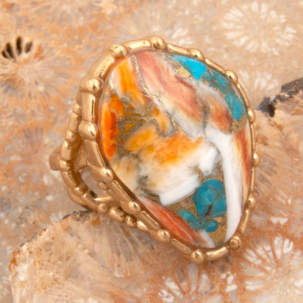 Modern Edge Turquoise and Spiny Oyster Shell Matrix Stone Golden Ring from KADOU Boutique