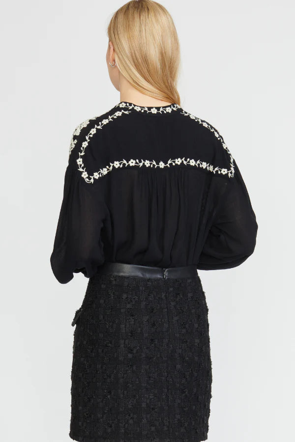 Embroidered Edge Stand Collar Blouse