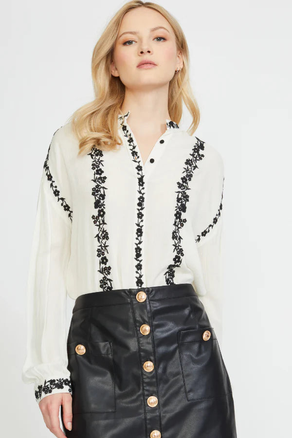 Embroidered Edge Stand Collar Blouse