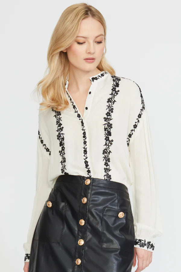 Embroidered Edge Stand Collar Blouse