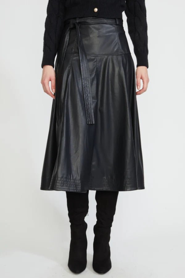 Faux leather midi skirt with tie belt from KADOU Boutique