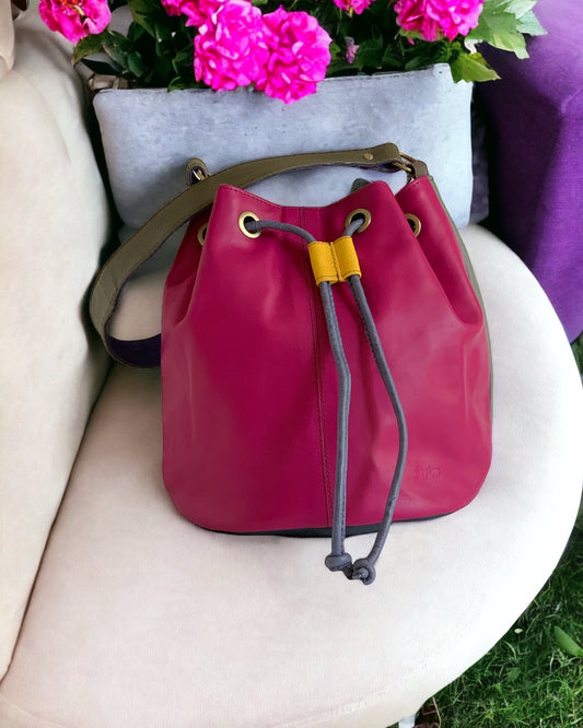 Soruka Bucket Leather Bag in Purple in the front side, grey in the back side. Style SOR-81083-3