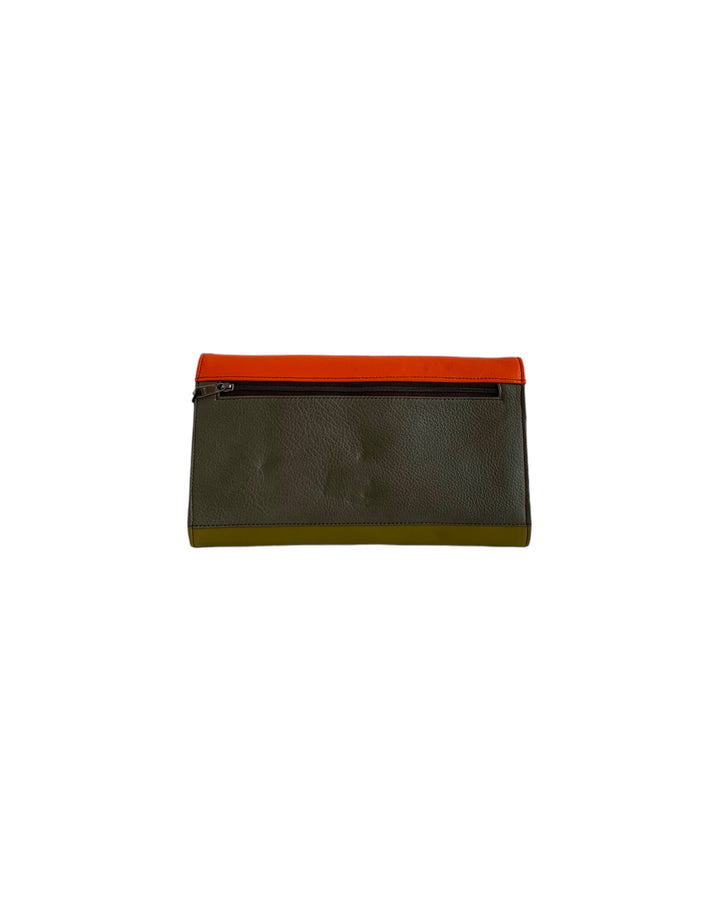 The Soruka Multi-Function Purse. Available at Kadou Boutique with Free Shipping. The green and orange. The back view shows the outer zipper pocket.