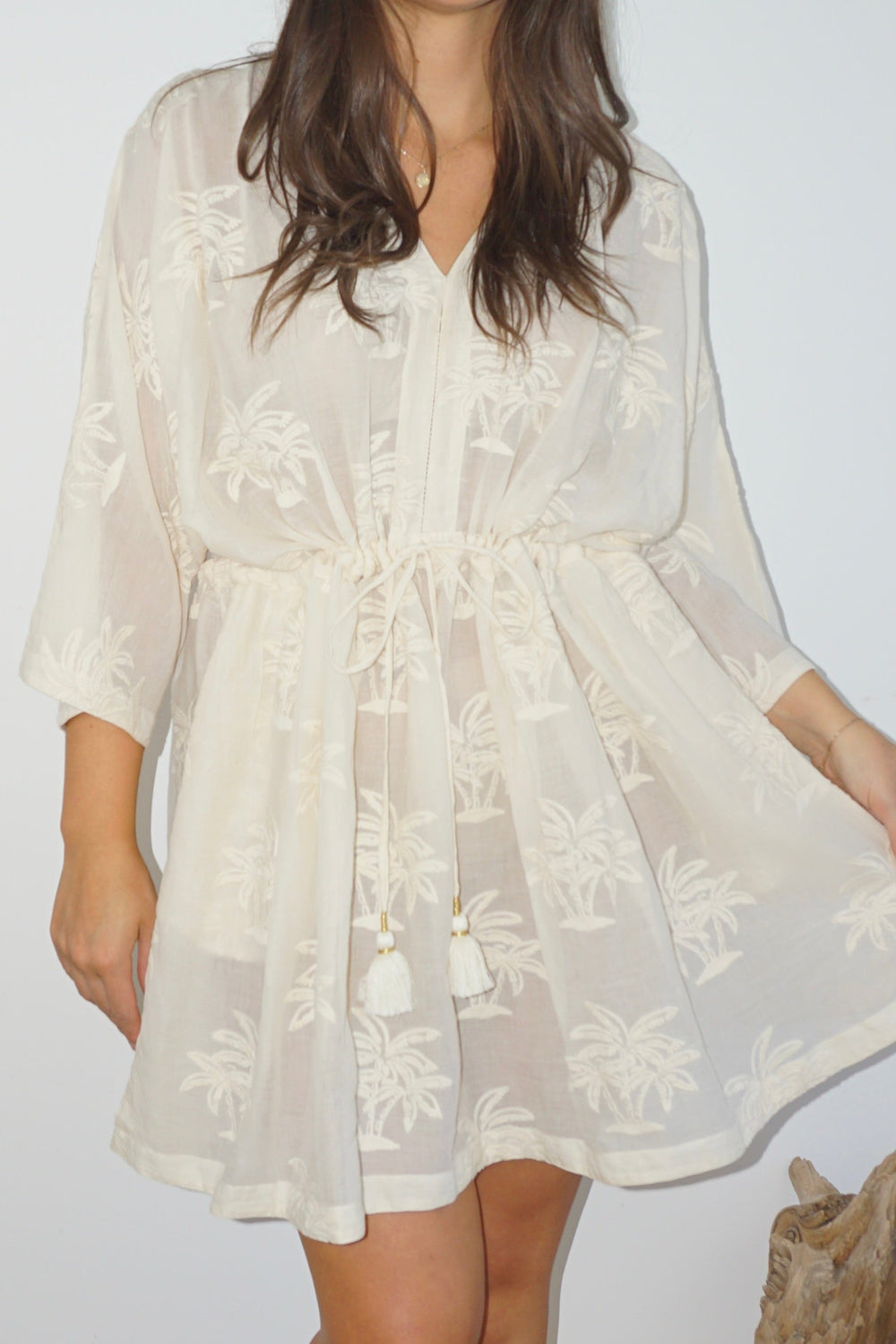 Savannah Kaftan in Cream Palm Embroidery from KADOU Boutique