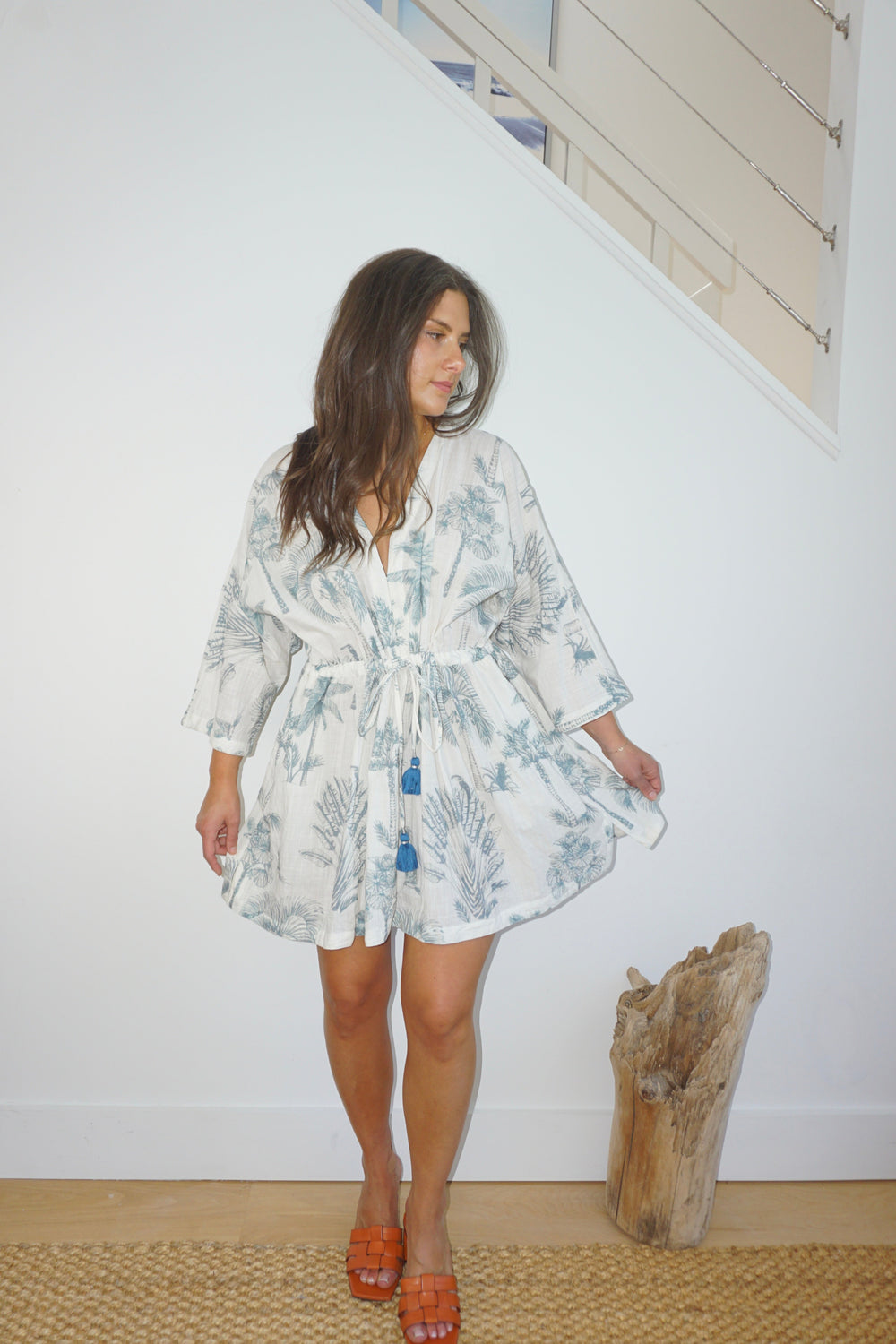 Savannah Kaftan in Faded Teal Palms from KADOU Boutique