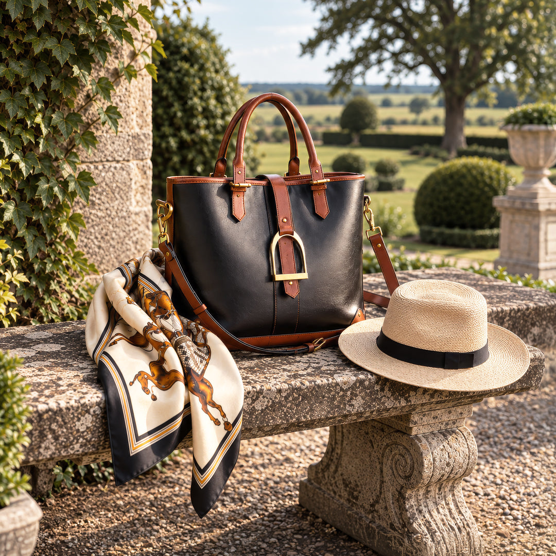 Signature - Riding Stirrup Tote Luxury Leather Handbag in Cognac on Black