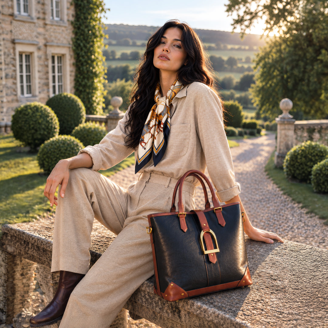 Signature - Riding Stirrup Tote Luxury Leather Handbag in Cognac on Black