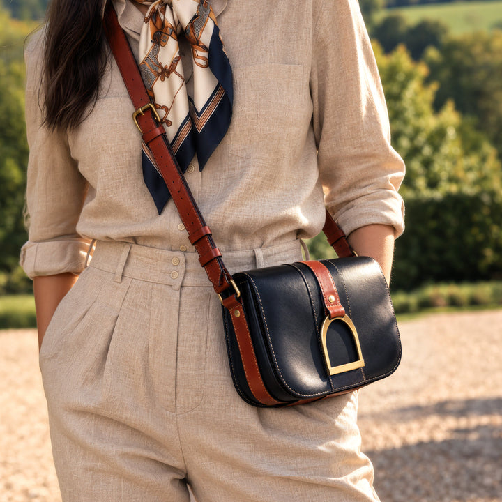 Signature Stirrup - Riding Stirrup Crossbody Luxury Leather Handbag in Cognac on Black