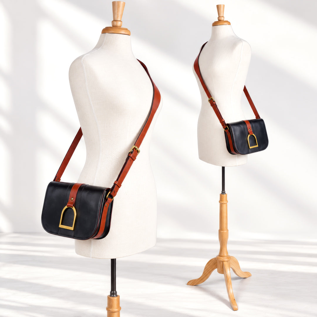 Signature Stirrup - Riding Stirrup Crossbody Luxury Leather Handbag in Cognac on Black