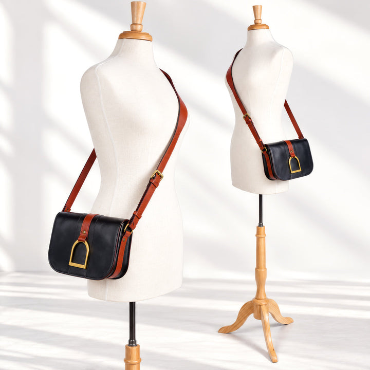 Signature Stirrup - Riding Stirrup Crossbody Luxury Leather Handbag in Cognac on Black