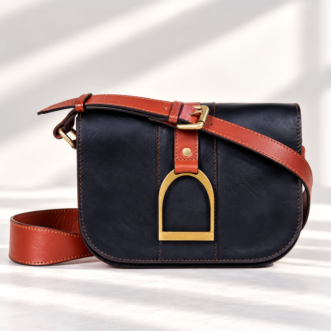Signature Stirrup - Riding Stirrup Crossbody Luxury Leather Handbag in Cognac on Black
