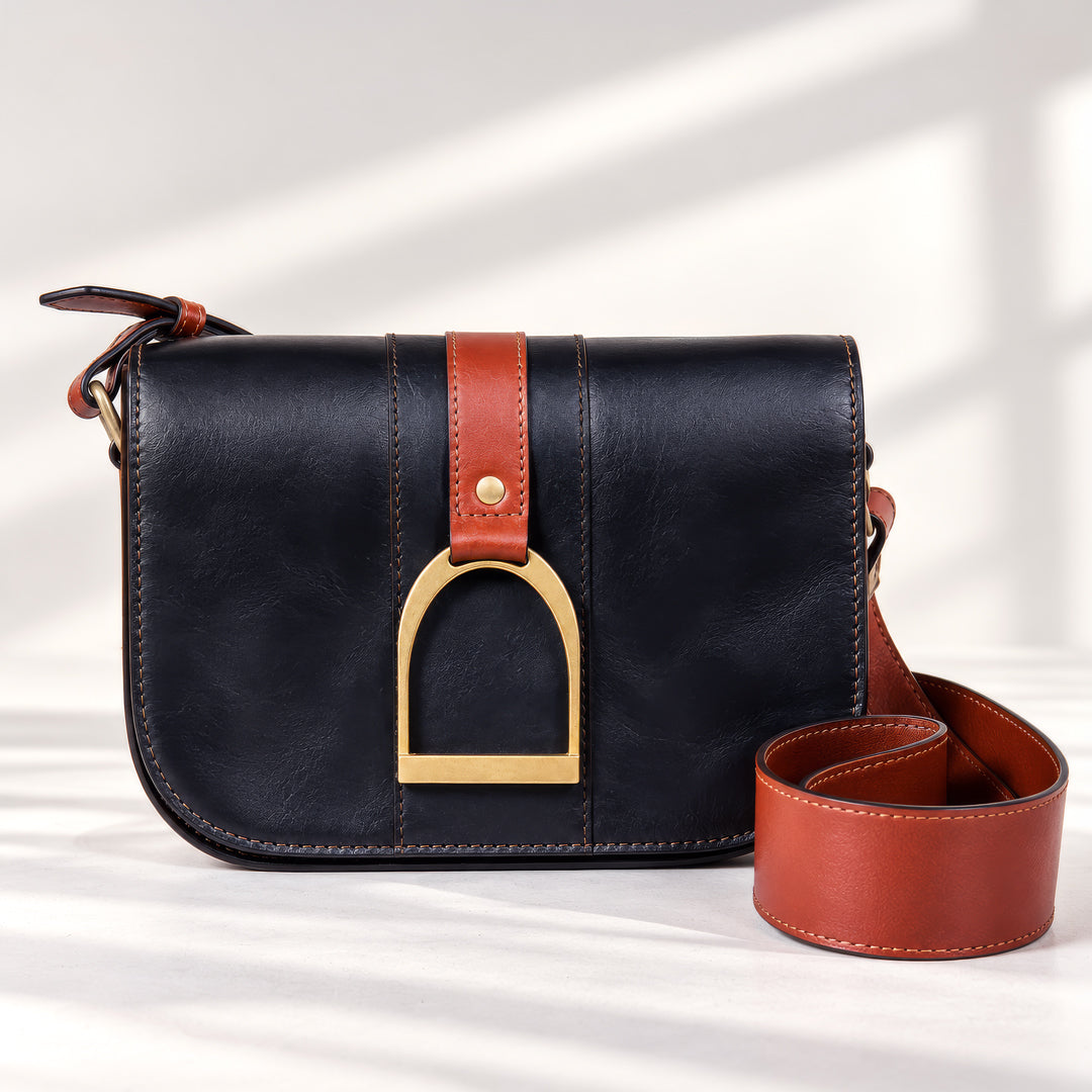 Signature Stirrup - Riding Stirrup Crossbody Luxury Leather Handbag in Cognac on Black