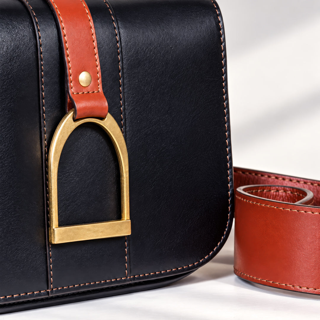 Signature Stirrup - Riding Stirrup Crossbody Luxury Leather Handbag in Cognac on Black